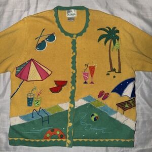 Quacker Factory Beach Summer Cardigan Women 2X Yellow Appliqué Beaded 2XL Plus